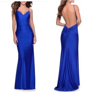 La Femme Gown 28287 Open Back Jersey Trumpet Gown in Royal Blue Size 6